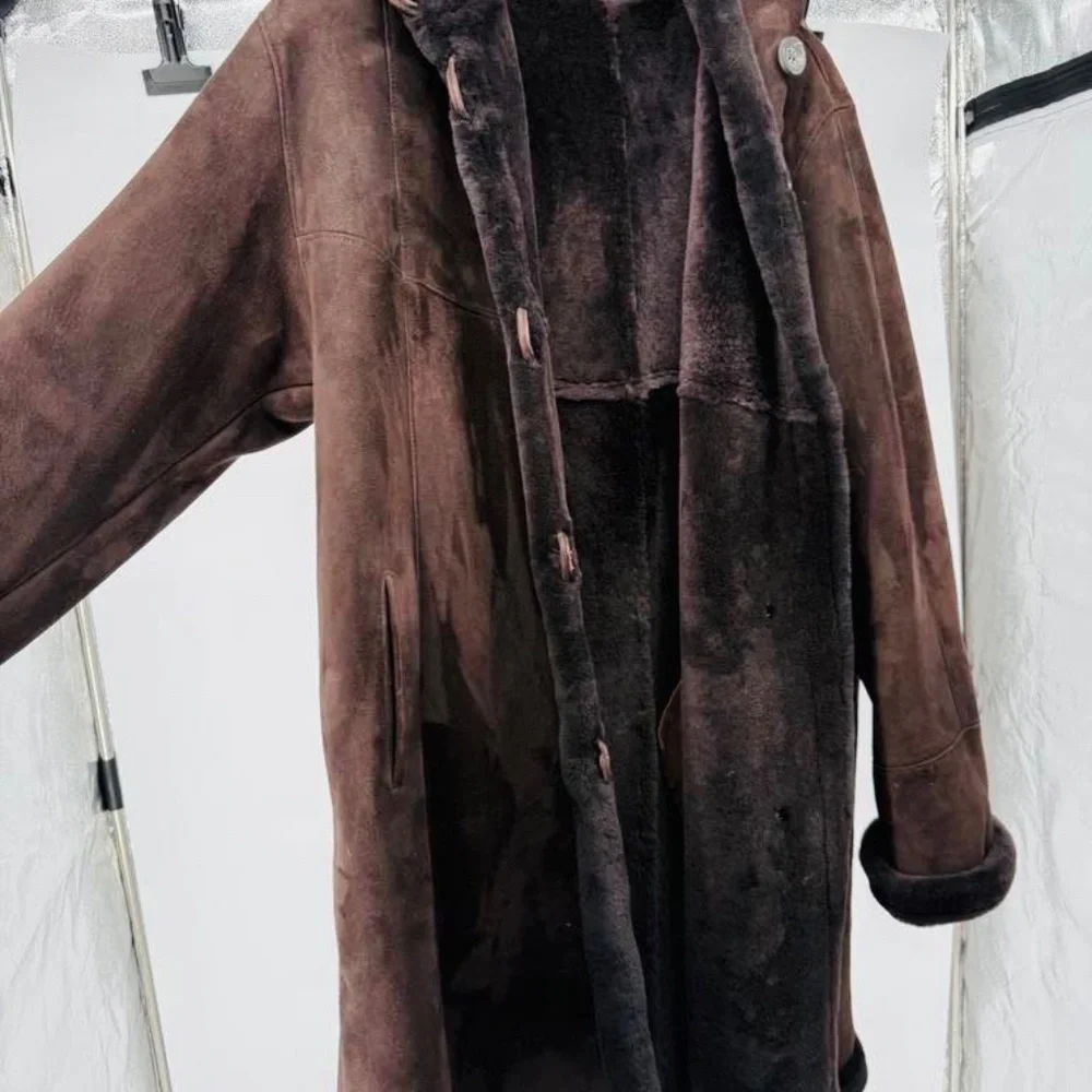Authentic Overland Shearling Long Coat Coffee/Dark Brown - Picture 3 of 17